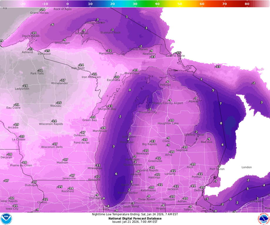 Color-shaded weather map of Michigan and the Great Lakes showing forecast nighttime low temperatures, with widespread purple and pink shading indicating below-zero conditions across much of the state. Numerical temperature values are labeled across cities, and the coldest air is concentrated over northern and central Michigan, with slightly less extreme lows near the Great Lakes.